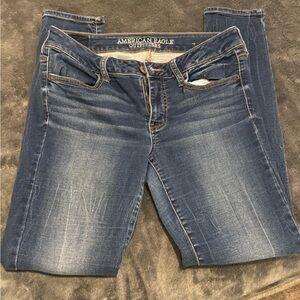 American Eagle Outfitters Dark Blue Skinny Jeans with Faded Whiskering